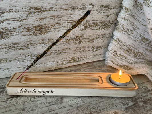Porta incienso ritual con vela – Madera artesanal
