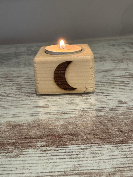 Portavelas Luna Creciente en madera natural